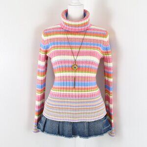 VTG 00s Y2K Liz Claiborne Pink Rainbow Rib Knit Long Sleeve Turtleneck Sweater